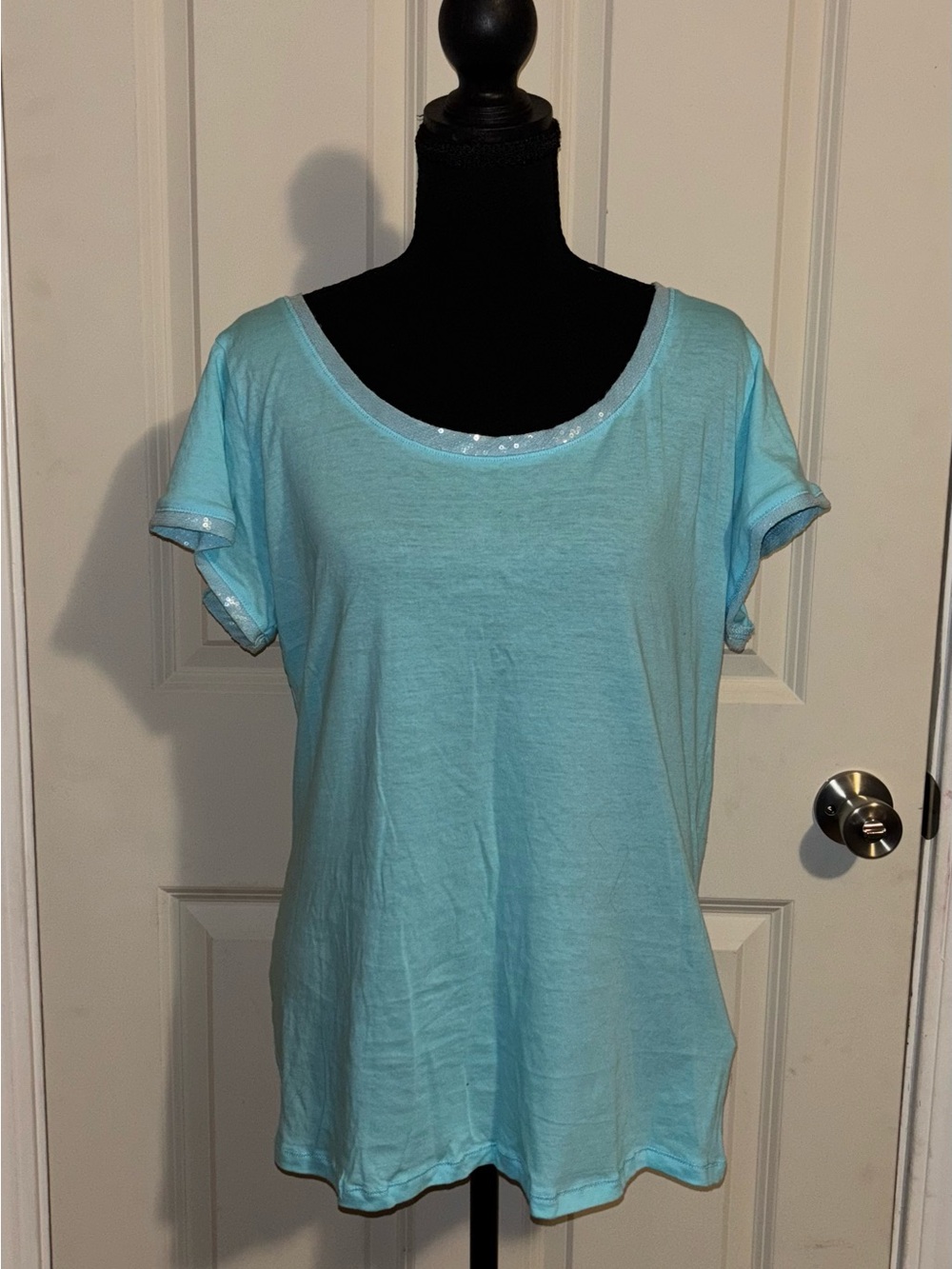 i jeans by Buffalo Light Aqua Scoop Neck Tee with Subtle Sequin Trim 100% Cotton